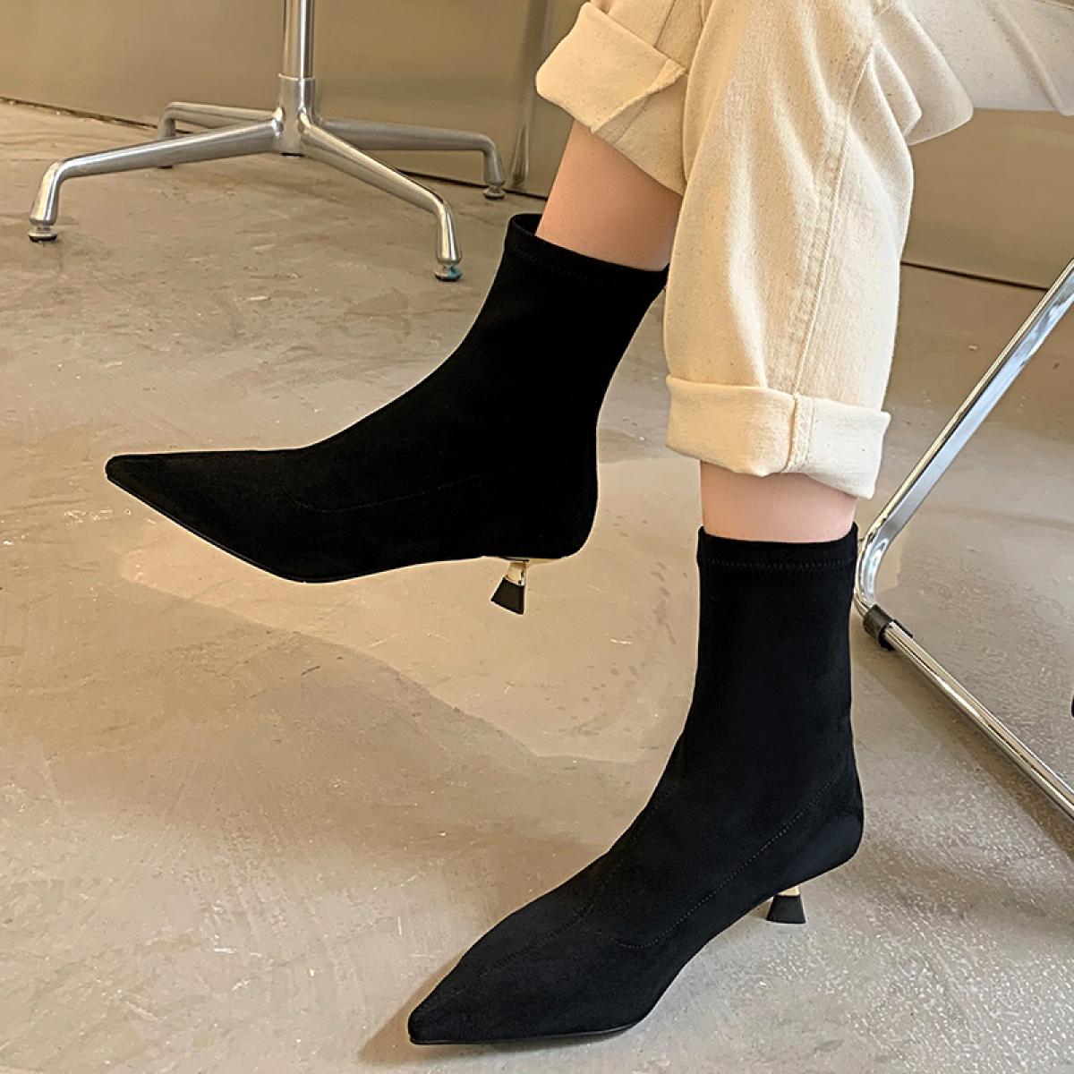Amazon.com: Women's Kitten Heel Booties Dressy Pearl/Metal Chain Pointed  Toe Stiletto Ankle Boots Dressy Slip on Stretch Knitted Sock Dress Short  Boots : Clothing, Shoes & Jewelry
