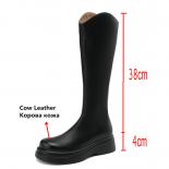 Platforms Women Knee High Boots Genuine Leather Thick Med Heels Back Zippers Chelsea Shoes Woman Autumn Winter Size 34 4