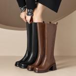 Retro Genuine Leather Elastic Band Knee High Boots Rouned Toe Shoes Woman Thick Heels Autumn Winter Office Lady Women's 