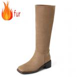 Women‘s Slouch Knee High Boots Suede Leather Wide Calf Long Shoes Square Toe Thick Heels Brand Design Winter Plus Size