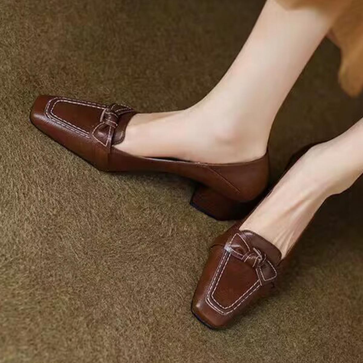 Bow Mid Heels Shoes Women Chunky Sandals 2023 Autumn New Square Toe Shoes Loafers Designer Pumps Dress Walking Mujer Zap