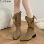 Two Pairs Of Suede Ruffled Mid Calf Boots Pointed Toe Thick Heels Knight Boots Western Cowboy Boots Retro Short Boots Fe