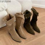 Two Pairs Of Suede Ruffled Mid Calf Boots Pointed Toe Thick Heels Knight Boots Western Cowboy Boots Retro Short Boots Fe