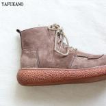 Literary Retro Suede Round Toe Laceup Thicksoled Big Head Shoes Handmade Casual Short Boots Mori Harajuku Women Ankle Bo