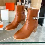 Classic Silver Buckle Knight Boots Real Leather Retro Ankle Boots Wood Grain Chunky Heel Chelsea Boots British Style Wom