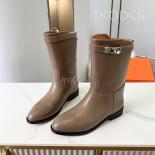 Metal Buckle Belt Real Leather Short Boots Fall Winter Casual Classic Brand Mid Calf Booties Solid Color Slip On Women B