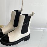 Luxury Brand Thick Sole Chelsea Boots Women Genuine Leather Round Toe Mixed Color Ankle Botas Platform Shoes Ladies Shor