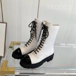 Newest Women Mid Calf Boots Round Toe Mixed Color Lace Up Platform Zipper Boots Black White Women Short Boots Zapatos Mu