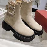 Crystal Buckle Design Women Ankle Boots Genuine Leather Wedge Boots Height Increasing Shoes Thick Platform Western Boots