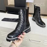 Women Lace Up Ankle Boots Genuine Leather Zip Short Boots Square Chain Heels Motorcycle Boots Designer Platform Combat B