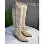 Cow Suede Real Leather Women Long Boots Knee High Half Slip On Booties Pointed Toe High Heel Elegant Lady Autumn Winter 