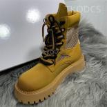 Big Yellow Boots Thin Mesh Cool Boots Women Platform Hollow Out Ankle Boots British Style Motorcycle Boots Lace Up Short