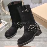 Cow Suede Leather Women Long Boots Knee High Half Booties Metal Buckle Round Toe Chunky Heel Boots Women Slip On Knight 