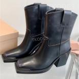 Autumn Winter New Retro Real Leather Short Boots Lady Fashion Metal Square Head Thick Heel Ankle Boots Classic Women Boo