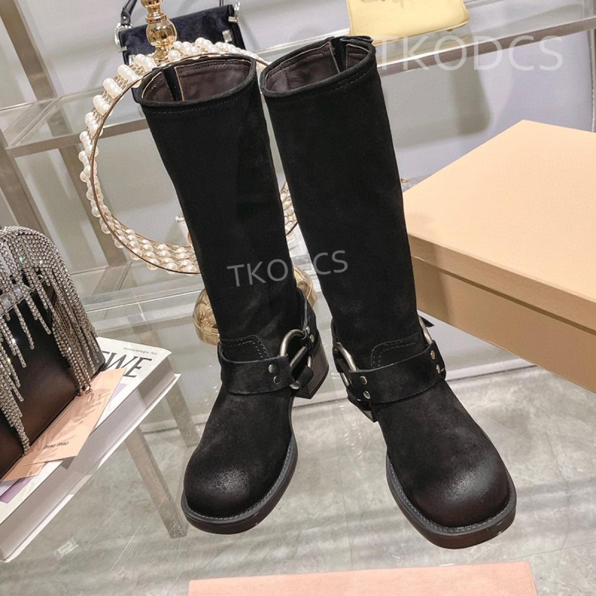 Autumn Winter Women Long Boots High Quality Real Leather Square Toe Chunky Heel Ankle Boots Slip On Buckle Strap Motorcy