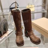 Autumn Winter Women Long Boots High Quality Real Leather Square Toe Chunky Heel Ankle Boots Slip On Buckle Strap Motorcy