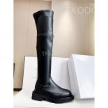 Women Classic Platform Long Boots Genuine Leather Slip On Elastic Boots Autumn Winter Over Knee Boots Black Stretch Knig