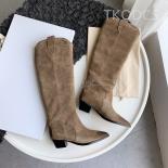 Brand Design Western Long Cowboy Boots Women Genuine Leather Retro Knee High Boots Pointed Toe Slip On Chunky Heel Knigh