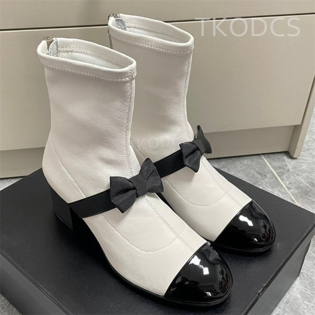 Luxury Brand Women Boots Genuine Leather Patchwork Ankle Boots Chunky Heel Butterfly Knot Short Boots Runway Women Zippe