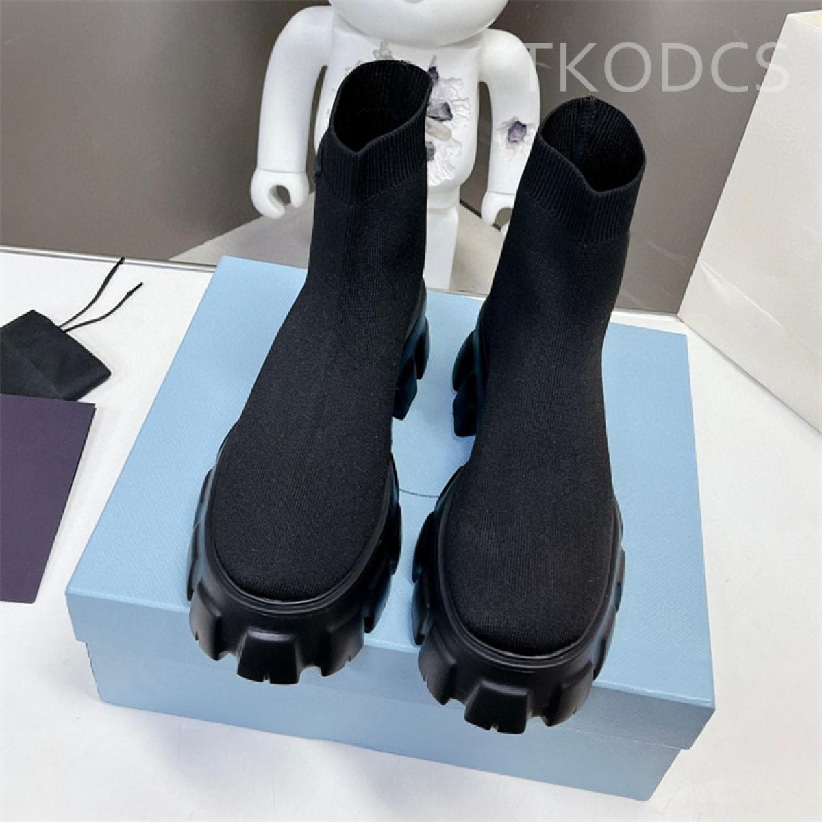 Brand Ankle Boots Women Cotton Elastic Flat Platform Long Boots Round Toe Slip On Autumn Lady Shoes Thick Sole Black Bot