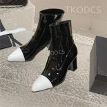 Brand Chunky High Heels Round Toe Chelsea Boots Women Genuine Patent Leather Ankle Botas Ladies Mixed Color Zipper Short