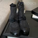 Brand Design Summer  Women Socks Knee High Boots Round Toe Mesh Ankle Boots Butterfly Knot Rhinestones Real Leather Sand