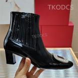 Autumn New Fashion Women Boots Patent Leather Short Boots Square Head Diamond Square Buckle High Heel Cowhide Ankle Boot
