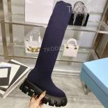 Luxury Women Round Toe Chunky Heels Long Botas Slip On Knitted Stretch Boots Women Height Increase Elastic Casual Ankle 