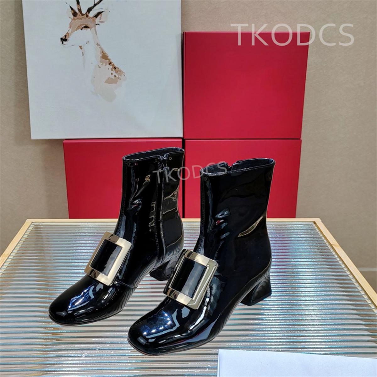 New Square Buckle Rhinestone Patent Leather Chunky Heel Ankle Boots Female High Heel Zipper Boots Fashion Classic Short 