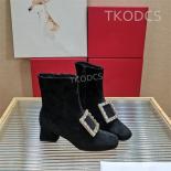 New Square Buckle Rhinestone Patent Leather Chunky Heel Ankle Boots Female High Heel Zipper Boots Fashion Classic Short 