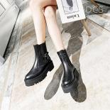 Woman Slip On Chelsea Boots New Genuine Leather Buckle Belt Ankle Boots British Style Platform Square Heel Round Toe Sho