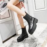 Woman Slip On Chelsea Boots New Genuine Leather Buckle Belt Ankle Boots British Style Platform Square Heel Round Toe Sho