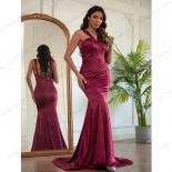 Wine Red Satin Pleated Evening Dress Sweeping Train Bridesmaid Gowns  Lady Backless Sleeveless Formal Party Dance Robe D