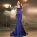 Simple Gorgeous Women's Evening Dresses Mermaid Satin Blue Shiny Beads Off Shoulder Sleeveless Prom Gowns Fashion Celebr