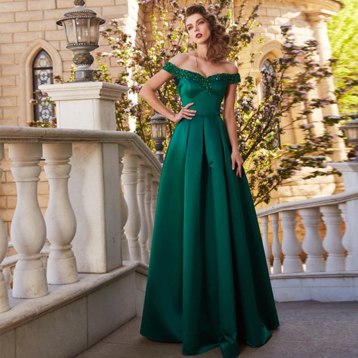 Green Gorgeous Satin Evening Dresses  Women's Off Shoulder Sleeveless Princess Prom Gowns A Line Fashion Formal Wedding 