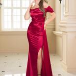 2023 New Women Off The Shoulder Fashion Burgundy Prom Gowns Satin Stretch Backless Ruched Ribbon Slit Maxi Evening Party