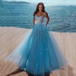 Blue Luxury Strapless Soarkly Tulle Prom Dresses Women Gorgeous Glitter A Line Shinning Open Back Evening Party Gowns Du