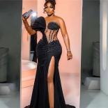 2023  Black Prom Dresses Beadings Mermaid Stain Leg Slit One Shoulder Evening Robes De Soirée  Party Growns Vestido Noc