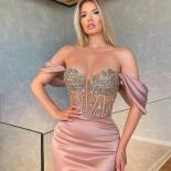 Beading Crystal Satin Mermaid Prom Dresses Off The Shoulder Evening Gown Dubai Women Pleats Formal Party Robe فستان
