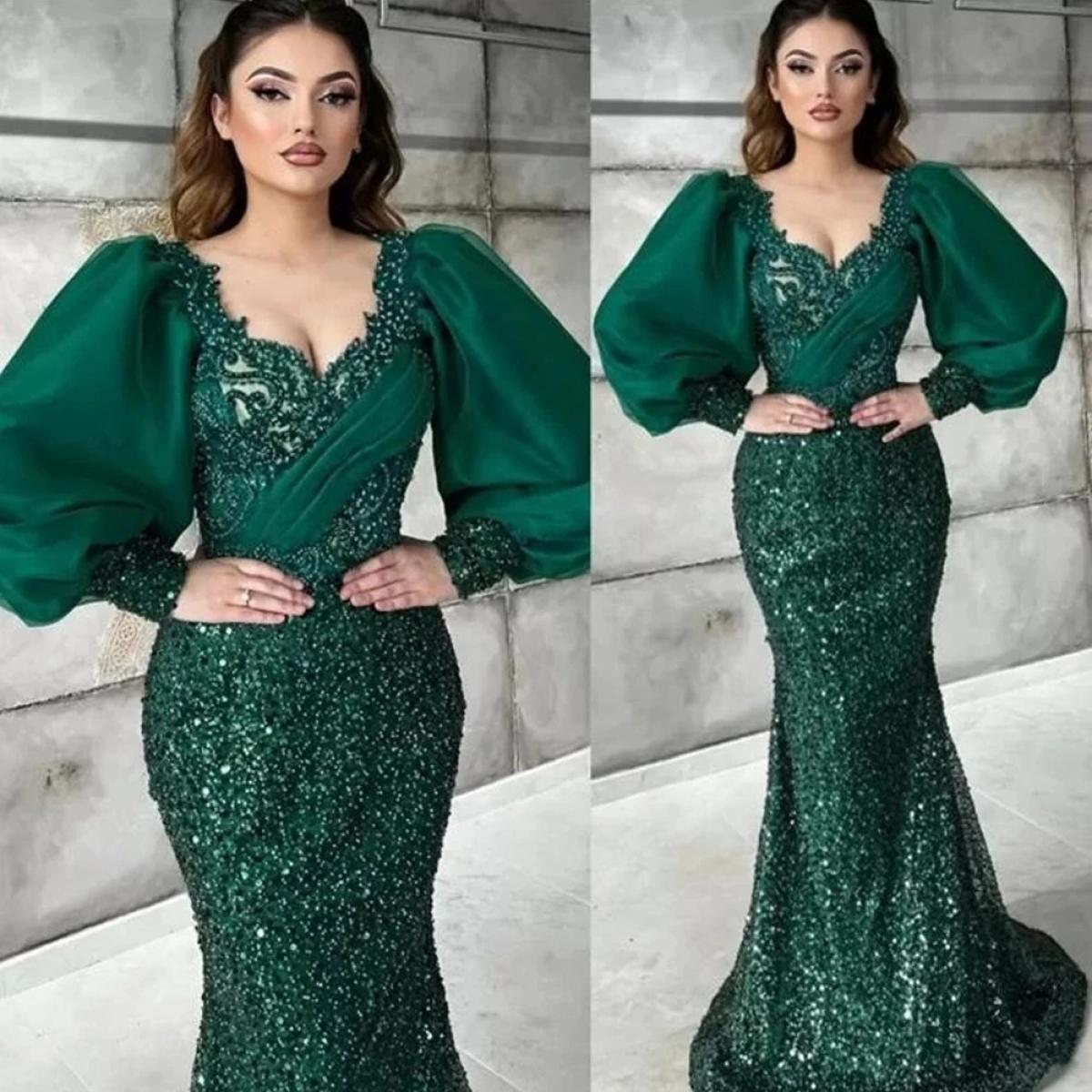 Green Designer Emerald Evening Dresses Beads Long Puffy Sleeves Mermaid Arabic Aso Ebi Formal Women Night Party Gowns Ro