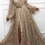 2023  Split Slit Evening Dresses Latest Fashion Sequins Lace Dubai Saudi Arabic Prom Gowns Long Sleeves Formal Party Rob