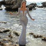 Grey Women's Evening Dresses Shiny Sequin Long Sleeve  Square Neck Mermaid Princess Prom Gowns Robe 2023 Vestidos De Noc