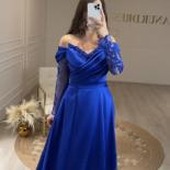 Blue Women's Evening Dresses  V Neck Long Sleeved Satin Applique Pleated Beaded Princess Prom Gowns Fashion Celebrity 20