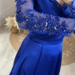 Blue Women's Evening Dresses  V Neck Long Sleeved Satin Applique Pleated Beaded Princess Prom Gowns Fashion Celebrity 20