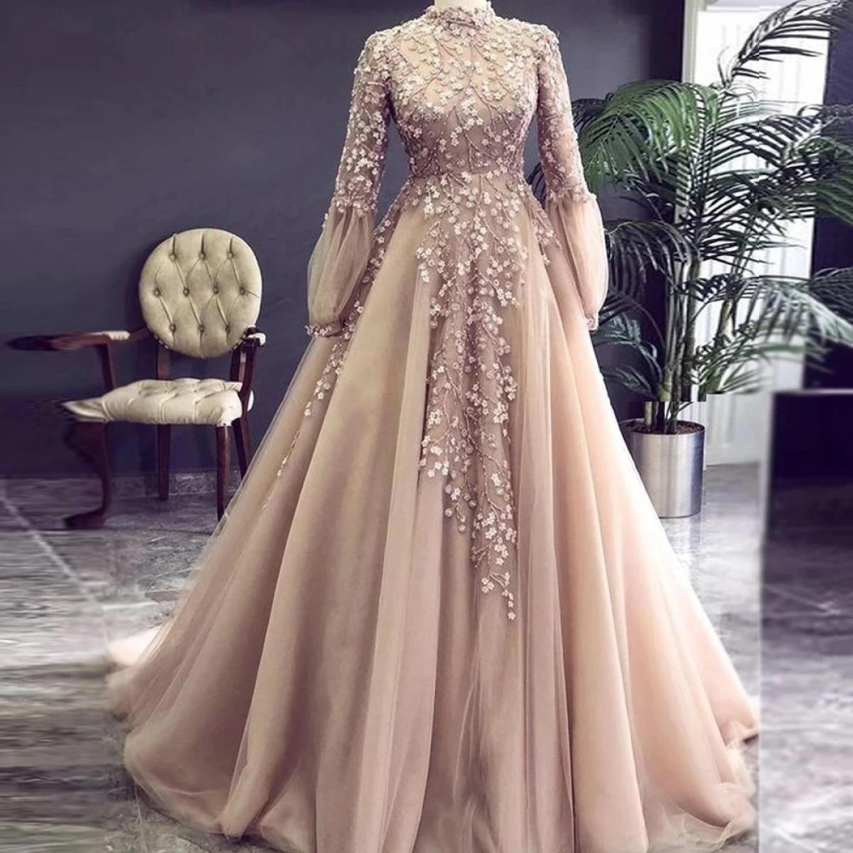 2023 Champagne Muslim Evening Dresses Arab Dubai Long Sleeve Decal Beads Ladies Elegant Formal Party A Line Tulle Prom G