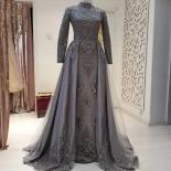 2023 Muslim Dark Gray Lace Evening Dresses High Neck Islamic Long Sleeves Dubai Arabic Formal Women Party Prom Gowns Rob