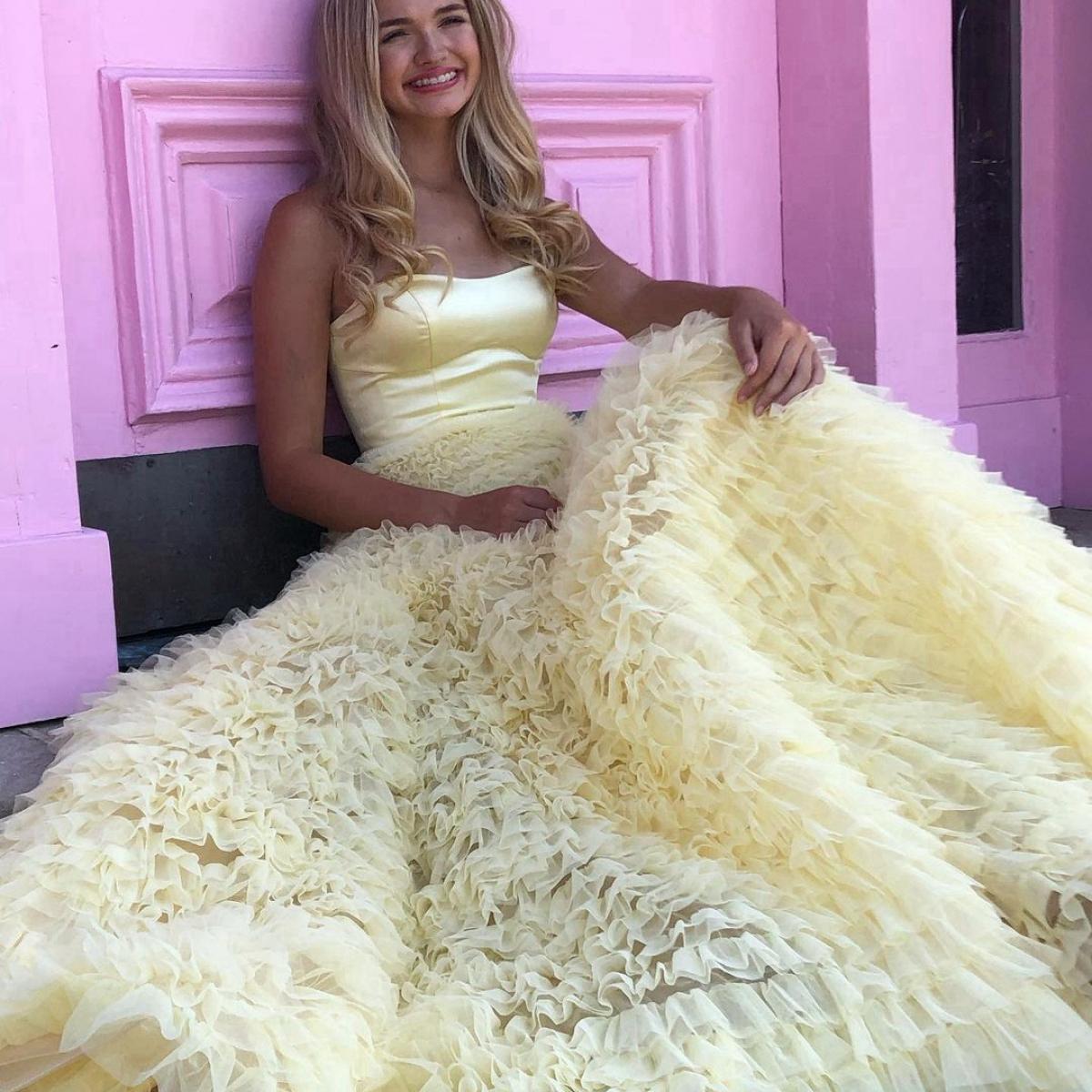 High Quality Bright Yellow Party Gown Strapless Sleeveless High Waist Floor Length Layered Puffy Tulle Formal Evening Dr