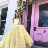 High Quality Bright Yellow Party Gown Strapless Sleeveless High Waist Floor Length Layered Puffy Tulle Formal Evening Dr