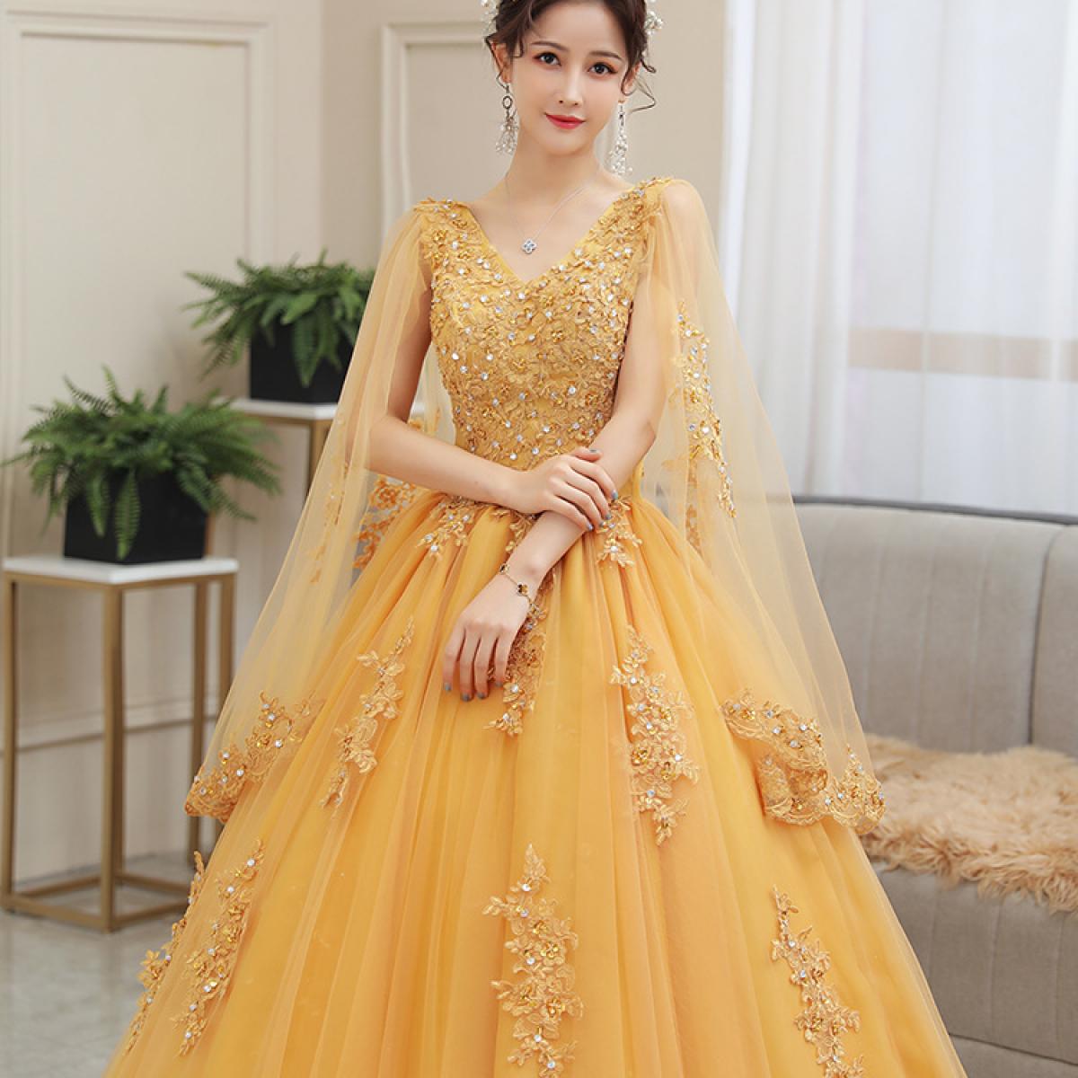 Long Wrap Golden Lady Girl Women Prom Dress Party Evening Dress Performance Dress Free Shipping