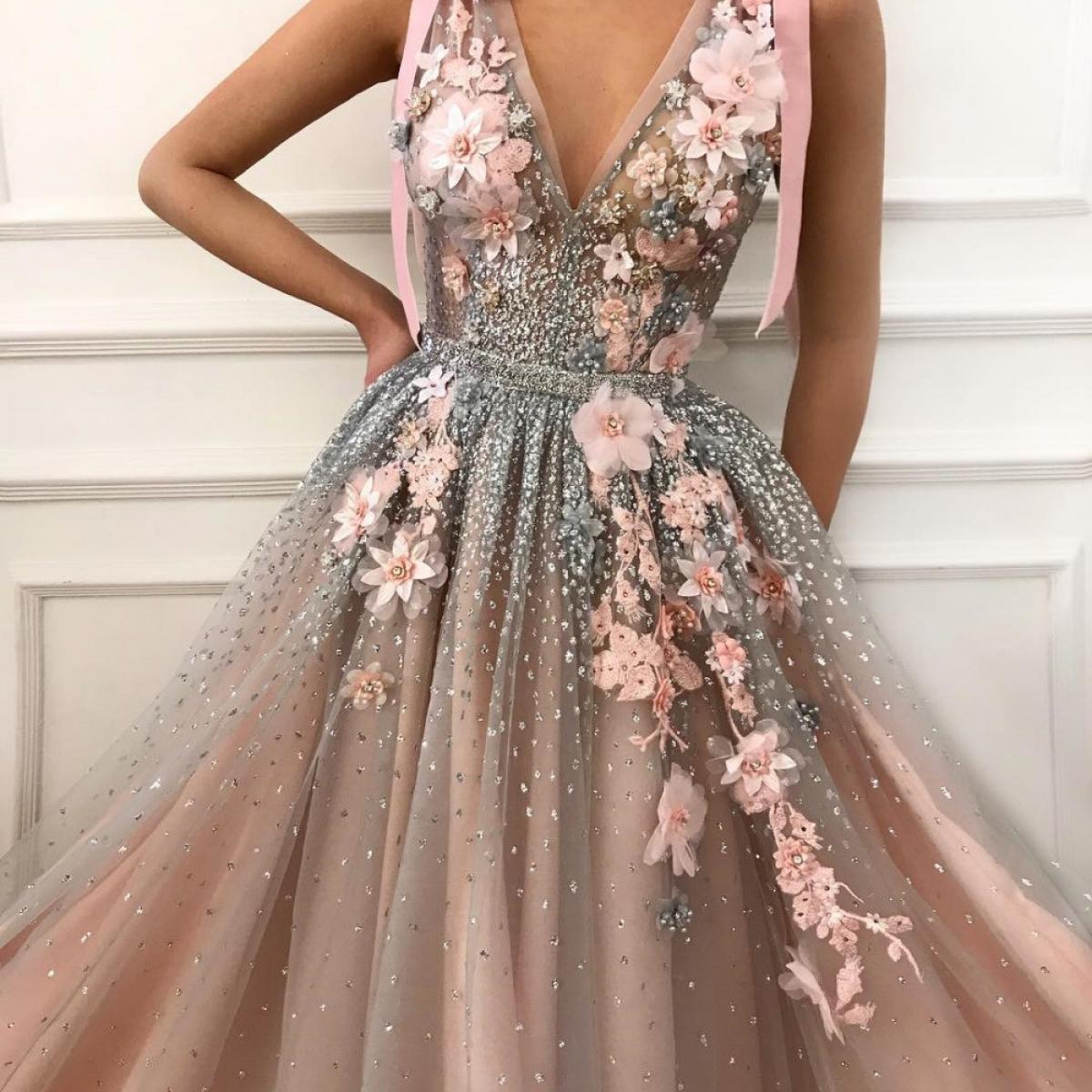 2023pink Tulle Crystals Prom Dresses V Neck Lace Flowers Beaded Vestidos De Gala Long Prom Gown Evening Dresse